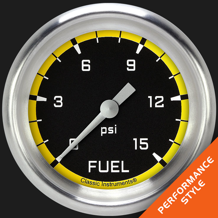 Picture of Autocross Yellow 2 5/8" Fuel Pressure Gauge, 15 psi